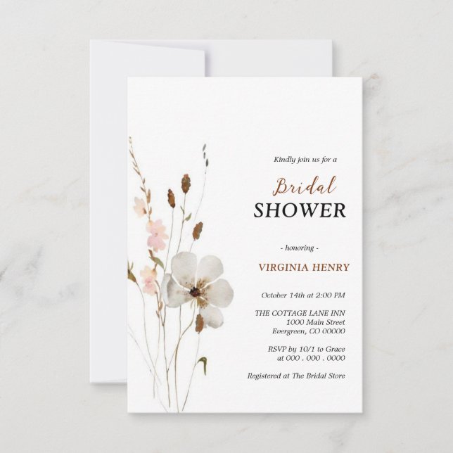 Invitation Elegante ducha de novias con flores de Boho (Devant)