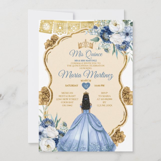 Invitation Elégante Dusty Bleue Mexicaine Princesse Quinceañe (Devant)