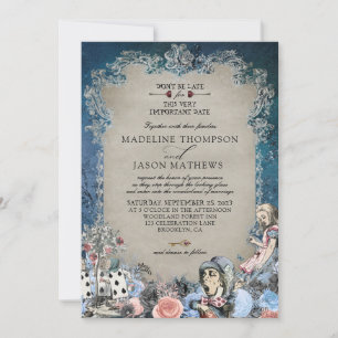 Invitation Elégante Dusty Blue Alice en Wonderland Mariage