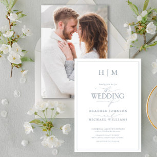 Invitation Élégante Dusty Blue Calligraphy Monogramme Photo