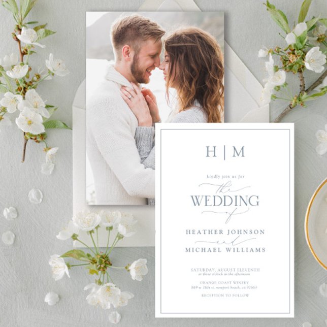 Invitation Élégante Dusty Blue Calligraphy Monogramme Photo (Wedding Invitation!)