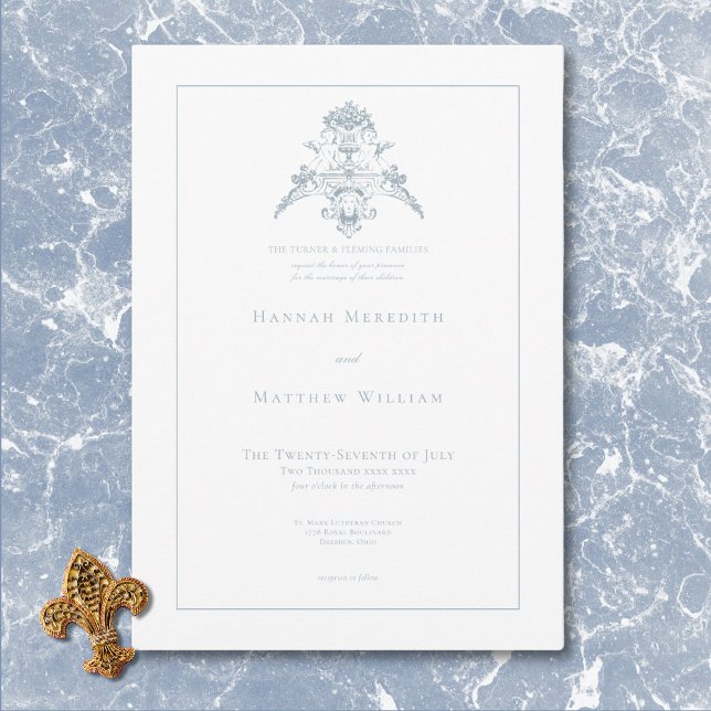 Invitation Elégante Dusty Blue Chinoiserie Cherub Mariage (Elegant Dusty Blue Chinoiserie Cherub Wedding Invitation)