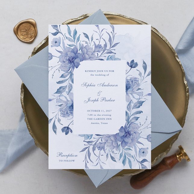 Invitation Elégante Dusty Blue Chinoiserie Floral Mariage (Créateur téléchargé)