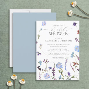 Invitation Elégante Dusty Blue Fleur sauvage Fête des mariées
