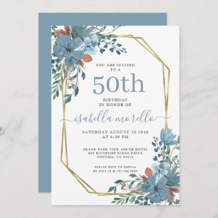 Invitation Elégante Dusty Blue Floral 50e Anniversaire Invita