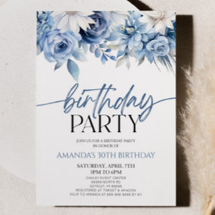 Invitation Elégante Dusty Blue Floral Fleurs Anniversaire
