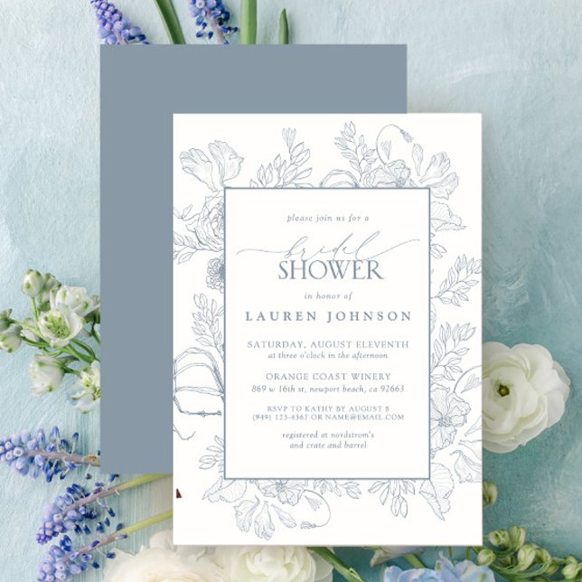 Invitation Elégante Dusty Blue Floral Line Fête des mariées d (Bridal Shower Invitation)