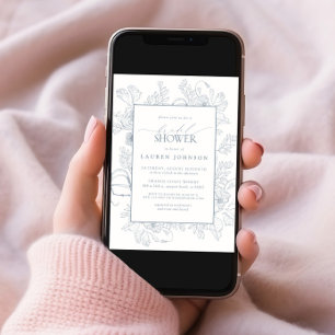 Invitation Elégante Dusty Blue Floral Line Fête des mariées d