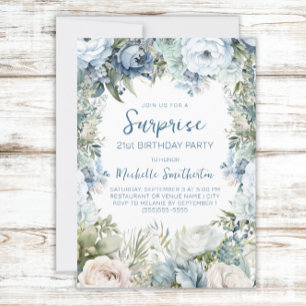 Invitation Elégante Dusty Blue Floral Surprise 21e anniversai