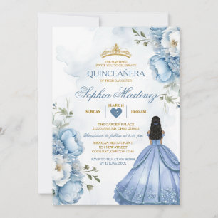 Invitation Elégante Dusty Blue Flowers Princesse Quinceañera