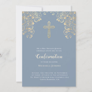 Invitation Élégante Dusty Blue Gold Bible Confirmation du cou