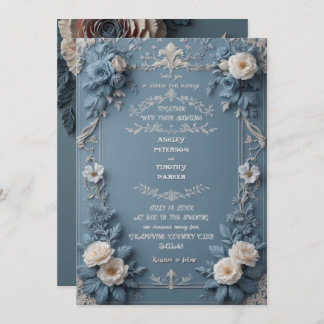 Invitation Elégante Dusty Blue Vintage Floral Mariage Invitat