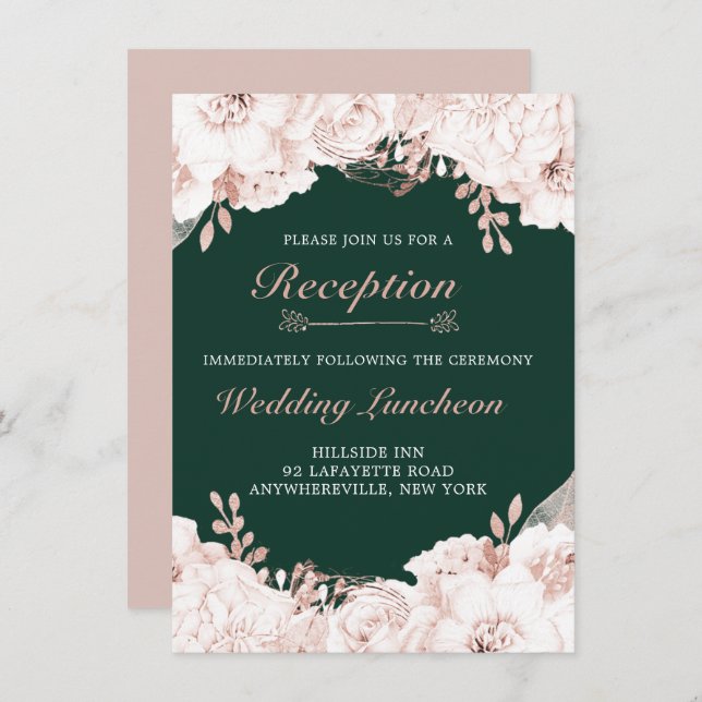 Invitation Elégante Dusty Rose Floral Forest Green Réception (Devant / Derrière)