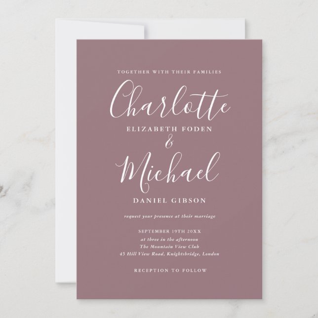 Invitation Élégante écriture de signature mariage mauve (Devant)
