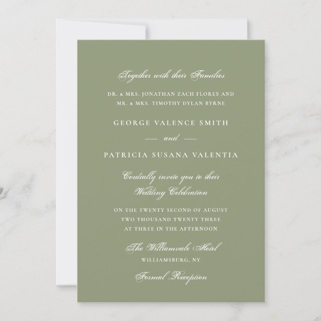 Invitation Élégante écriture verte mousse pour mariage (Devant)