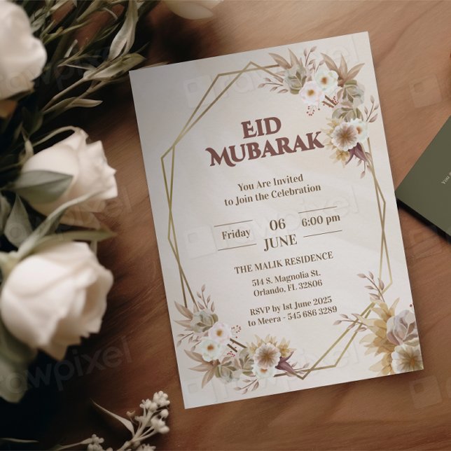 Invitation élégante Eid Mubarak Floral Beige Musul (Créateur téléchargé)