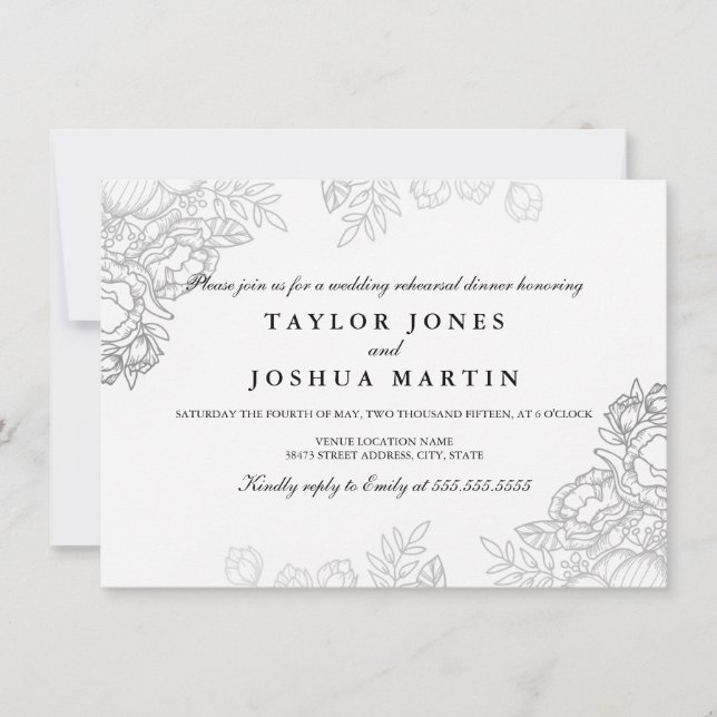 Invitation élégante en argent à fleurs pour le dîn (Devant)