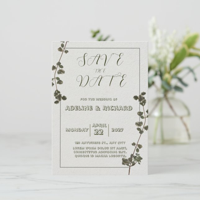 Invitation élégante en beige et vert pastel (Debout devant)