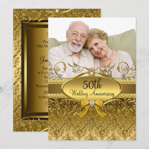 Invitation élégante en damas doré pour les 50 ans