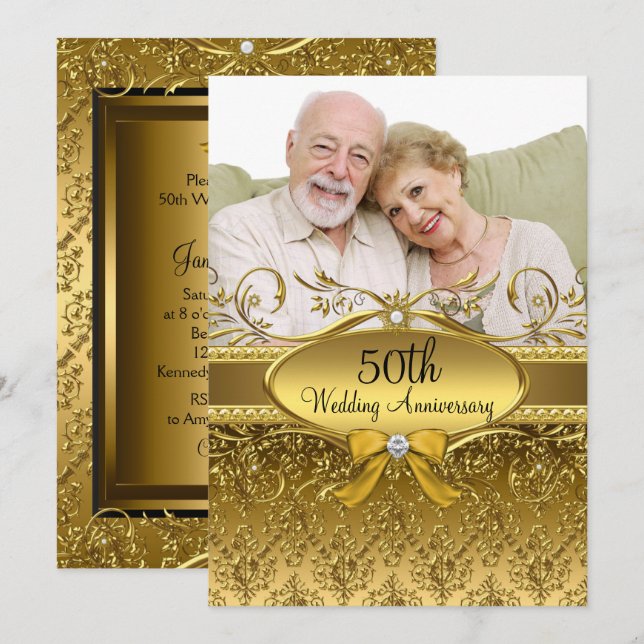 Invitation élégante en damas doré pour les 50 ans  (Devant / Derrière)