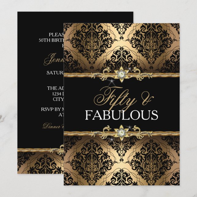Invitation élégante en or damassé pour les cinquan (Devant / Derrière)