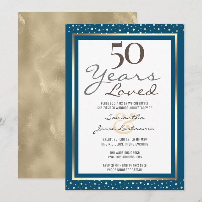 Invitation élégante en or pour les 50 ans de maria (Devant / Derrière)