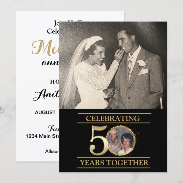 Invitation élégante en or pour une fête d'annivers (Devant / Derrière)