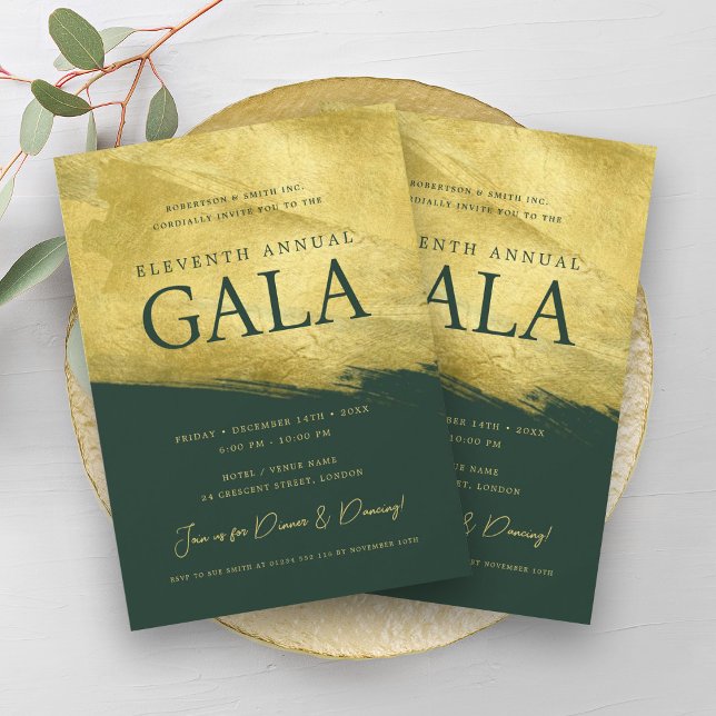 Invitation Elégante entreprise GALA Business Brosse Or Emeral (Elegant GALA Company Business Gold Brush Emerald Invitation)