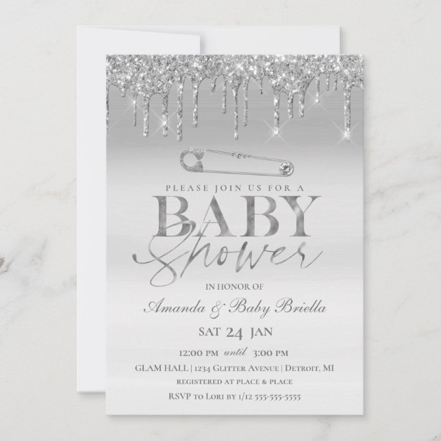 Invitation Élégante Épingle de Nourrice à Goutte Argentée Bab (Devant)