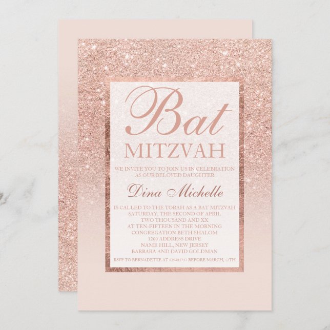 Invitation  élégante et chic Bat Mitzvah rose doré (Devant / Derrière)