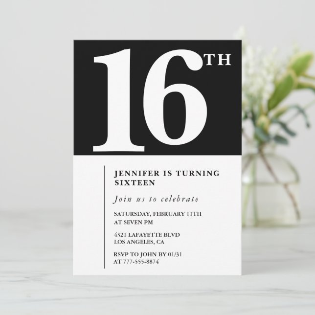 Invitation élégante et chic pour 16 ans en noir Si (Debout devant)