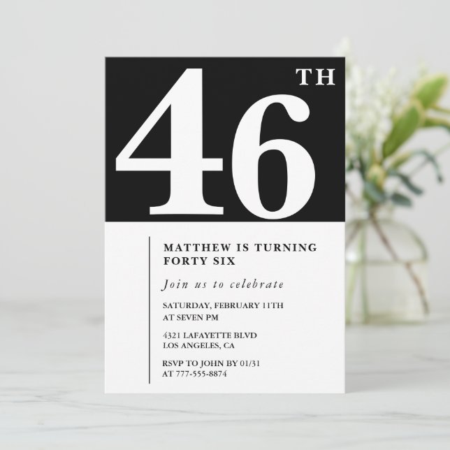 Invitation élégante et chic pour les 46 ans en noi (Debout devant)