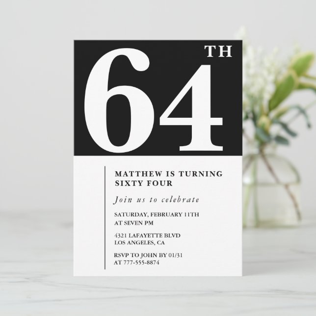 Invitation élégante et chic pour les 64 ans en noi (Debout devant)
