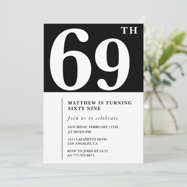 Invitation élégante et chic pour les 69 ans en noi (Debout devant)