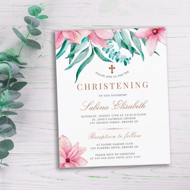 Invitation élégante et florale rose pour baptême à (Créateur téléchargé)