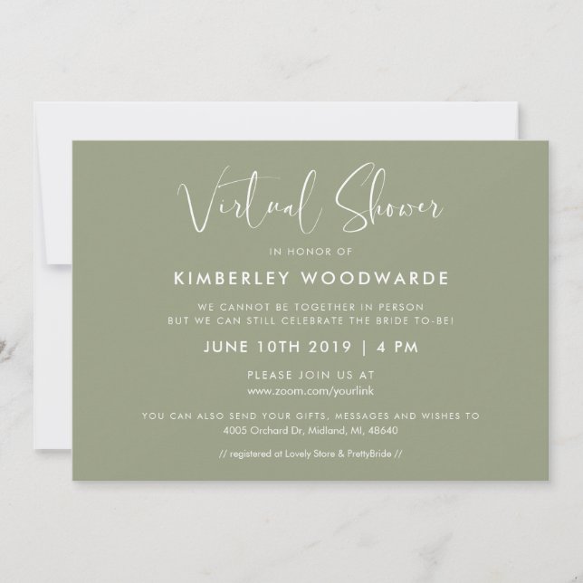 Invitation Elégante et moderne Sage Green Douche virtuelle (Devant)
