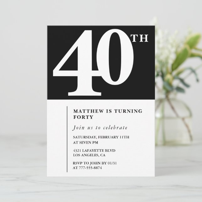 Invitation élégante et simple pour 40 ans en noir  (Debout devant)