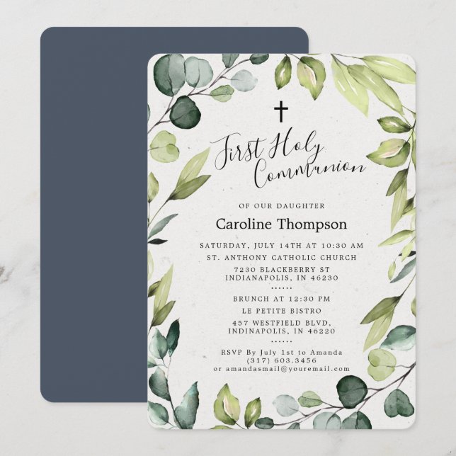 Invitation Elégante Eucalyptus Verdure Première Communion Sai (Devant / Derrière)