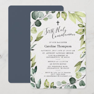 Invitation Elégante Eucalyptus Verdure Première Communion Sai