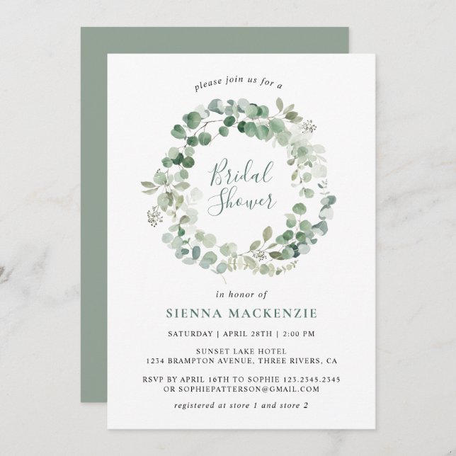 Invitation Élégante Eucalyptus Wreath Bridal Showe (Devant / Derrière)