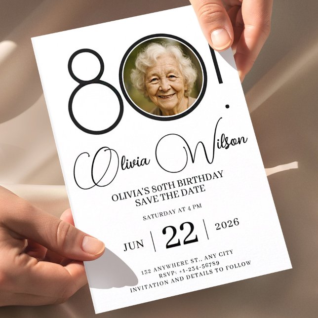 Invitation Élégante Faites-Part avec Photo 80e Anniversaire (80th Birthday Invitation, Photo Birthday Invite, Editable Save the Date, Minimal Black and White Inv)