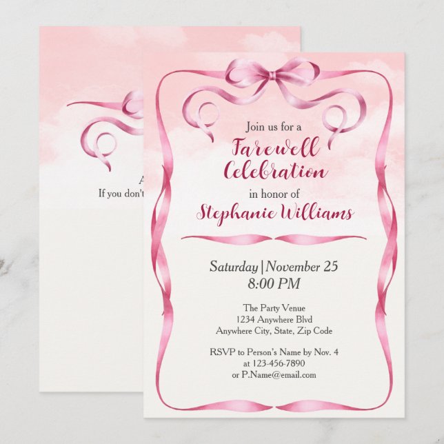 Invitation Élégante Farewell Women's Farewell Pink Bow Border (Devant / Derrière)