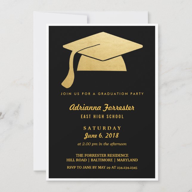 Invitation Élégante Faux Gold Foil Grad Casquette Graduation  (Devant)
