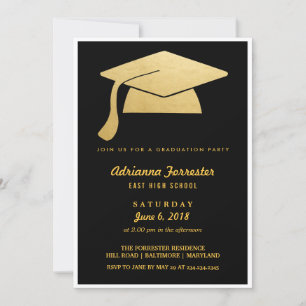 Invitation Élégante Faux Gold Foil Grad Casquette Graduation 