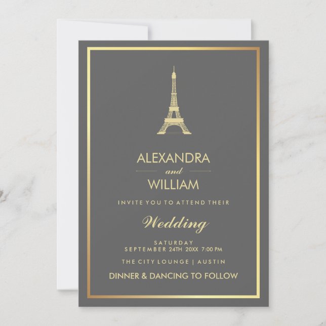 Invitation Elégante Faux Gold Tour Eiffel sur Mariage gris (Devant)