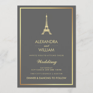 Invitation Elégante Faux Gold Tour Eiffel sur Mariage gris