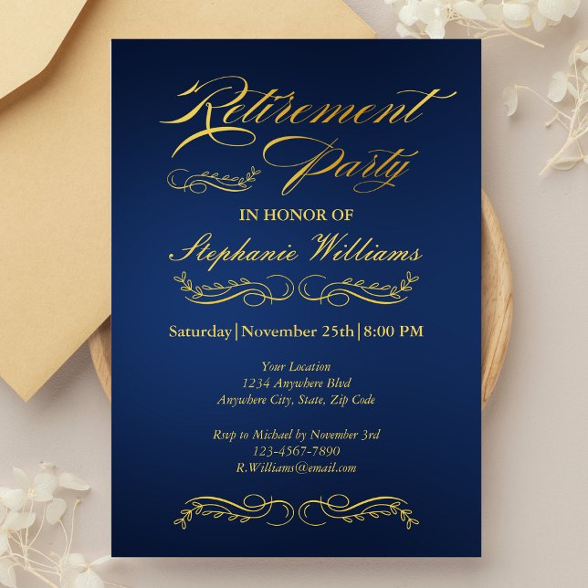 Invitation Élégante femme de retraite bleu et or (Créateur téléchargé)