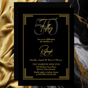 Invitation Élégante Fête Art Déco pour 50e Anniversaire en No