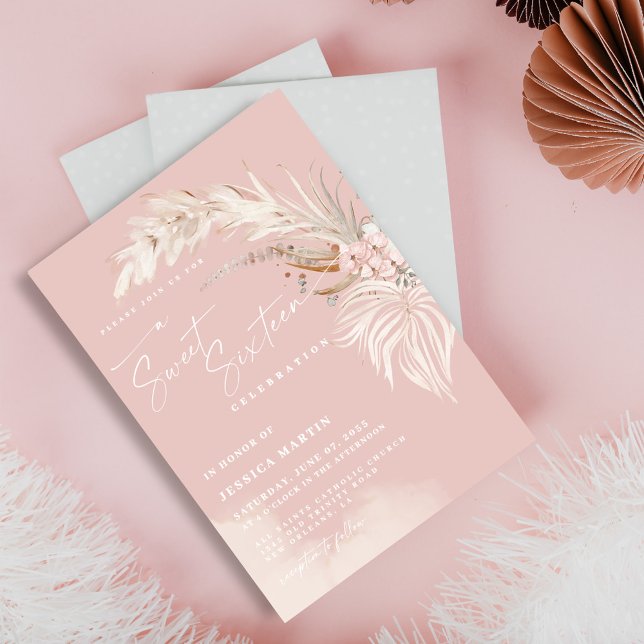 Invitation Élégante Fête Boho Pampas Rose 16 Ans (Créateur téléchargé)