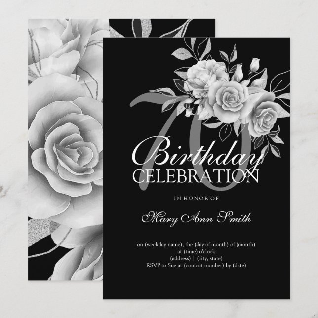 Invitation Élégante fête d'anniversaire 70e Argent Floral (Devant / Derrière)